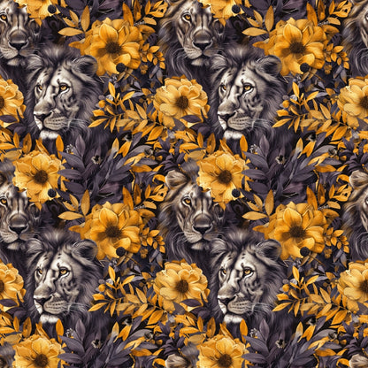 Seamless pattern of lions faces surrounded by large yellow and dark flowers with leaves.