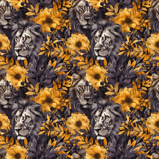 Seamless pattern of lions faces surrounded by large yellow and dark flowers with leaves.