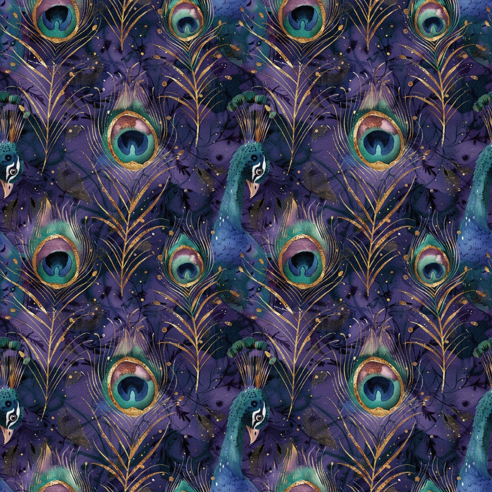 Pattern of peacocks and feathers on a dark, starry background with shades of green, blue, and gold.