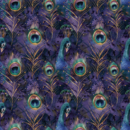 Pattern of peacocks and feathers on a dark, starry background with shades of green, blue, and gold.