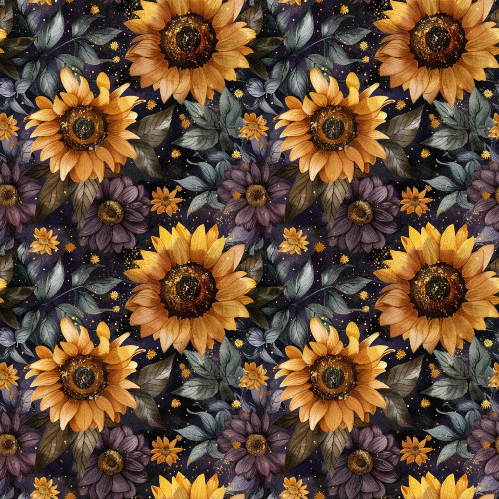 Seamless pattern of sunflowers and dark purple daisies with green leaves on a dark background with small specks.