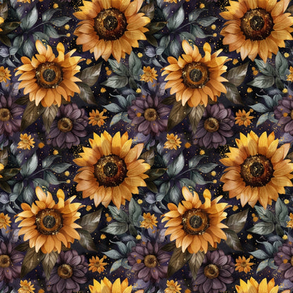 Seamless pattern of sunflowers and dark purple daisies with green leaves on a dark background with small specks.