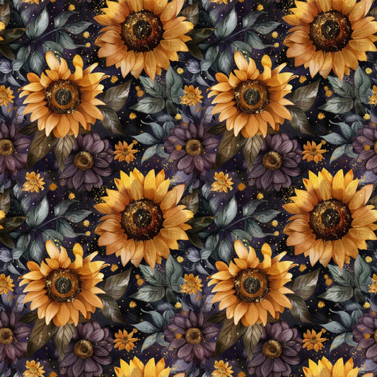 Seamless pattern of sunflowers and dark purple daisies with green leaves on a dark background with small specks.