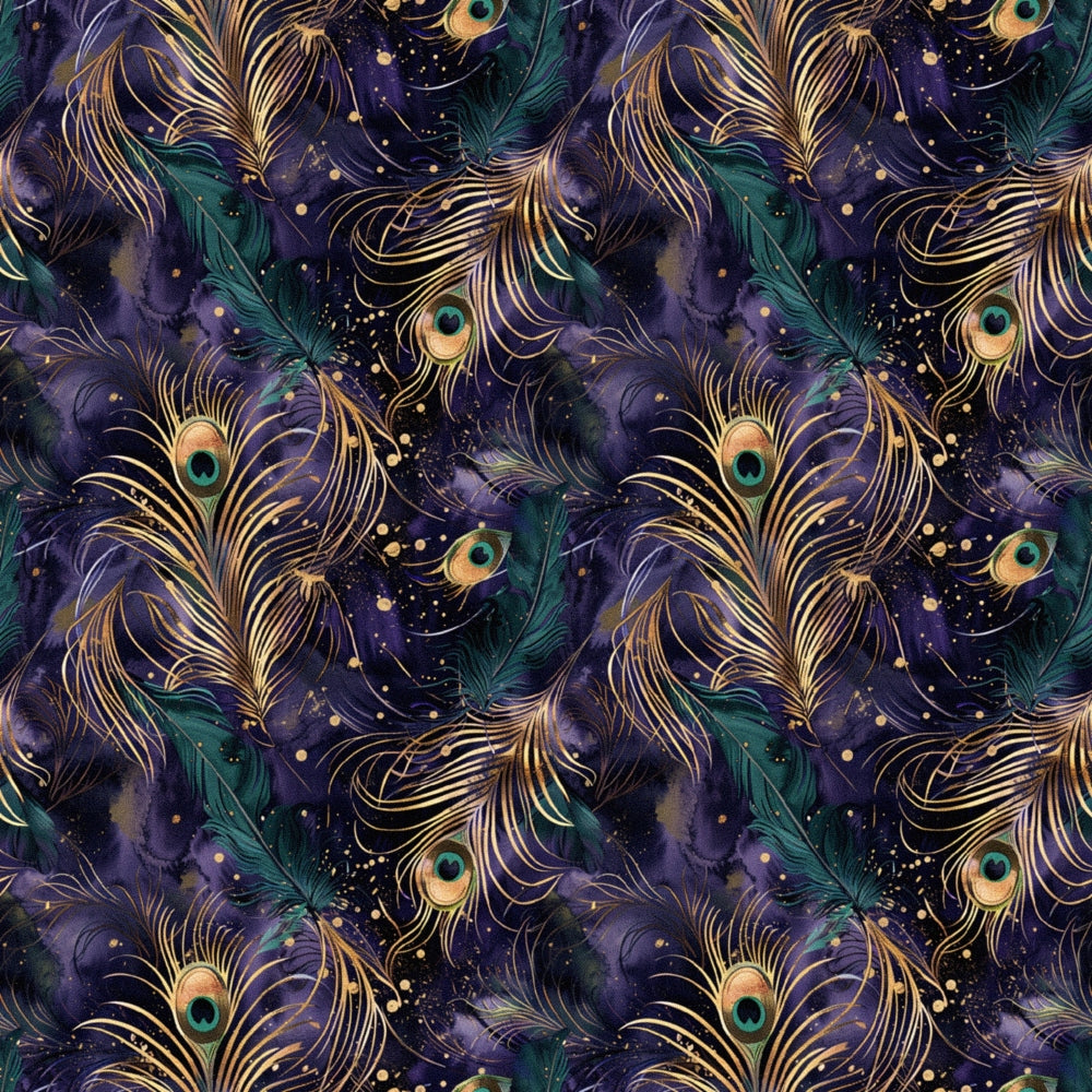 peacock feathers, deep purple, teal green, gold accents, celestial pattern, starry background, repeating motif, luxurious design, jewel tones, ornate feathers, mystical atmosphere, quilting cotton, fabric panel, rich colors, elegant pattern, cosmic theme, decorative swirls, shimmering gold, midnight blue, botanical elements