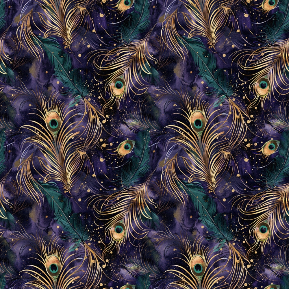 Seamless pattern with peacock feathers in gold and green on a dark purple background.