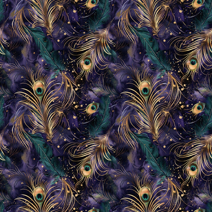 Seamless pattern with peacock feathers in gold and green on a dark purple background.