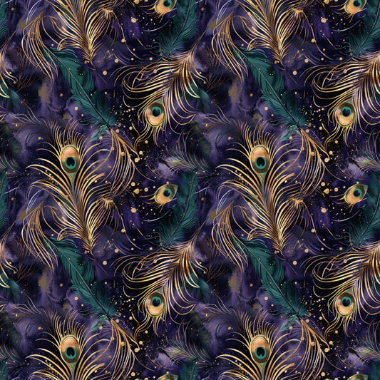 Seamless pattern with peacock feathers in gold and green on a dark purple background.