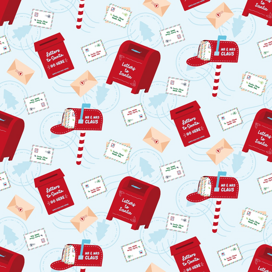 Pattern with red mailboxes labeled Letters to Santa, envelopes, stamps, and North Pole signs on a light blue background.