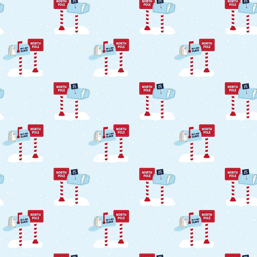 Patterned image of North Pole signs and penguins on ice, with red striped poles and snow, set against a light blue backdrop with white snowflakes.