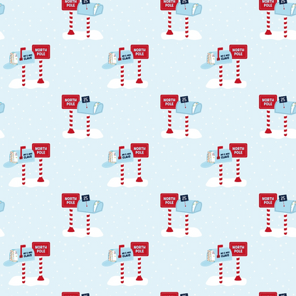 Patterned image of North Pole signs and penguins on ice, with red striped poles and snow, set against a light blue backdrop with white snowflakes.