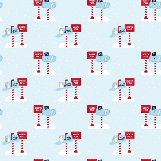 Patterned image of North Pole signs and penguins on ice, with red striped poles and snow, set against a light blue backdrop with white snowflakes.