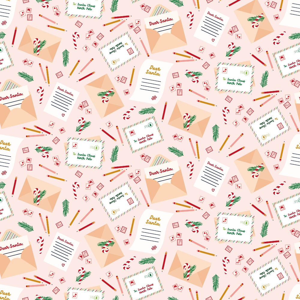 Festive pattern featuring Dear Santa letters, envelopes, candy canes, pencils, and holly on a light pink background.