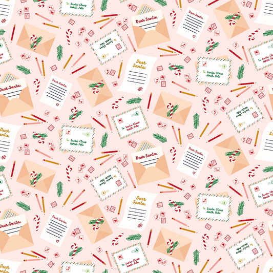 Festive pattern featuring Dear Santa letters, envelopes, candy canes, pencils, and holly on a light pink background.