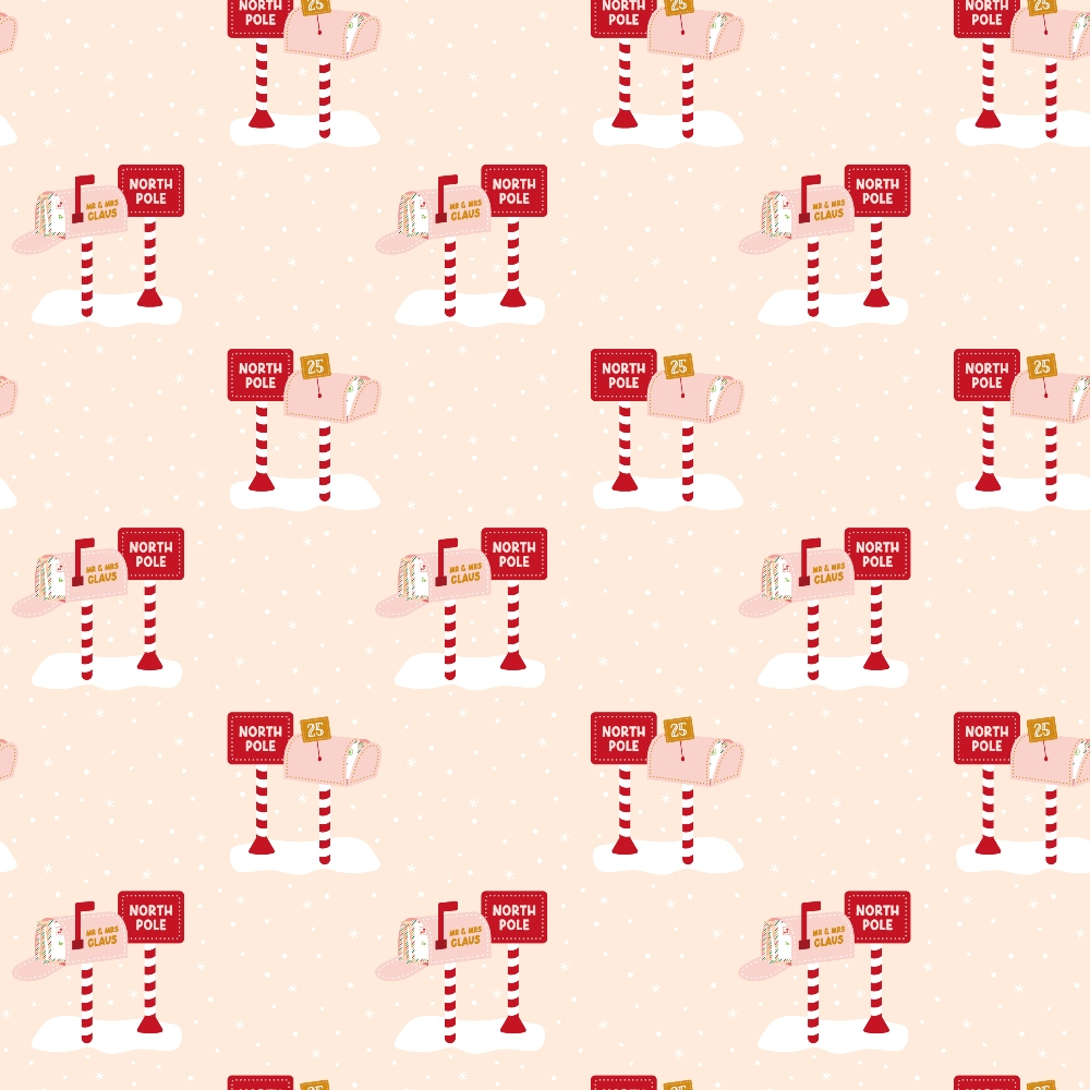 Pattern of red North Pole signs with candy canes and mailboxes on a pale pink snowy background.