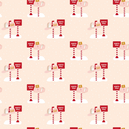 Pattern of red North Pole signs with candy canes and mailboxes on a pale pink snowy background.