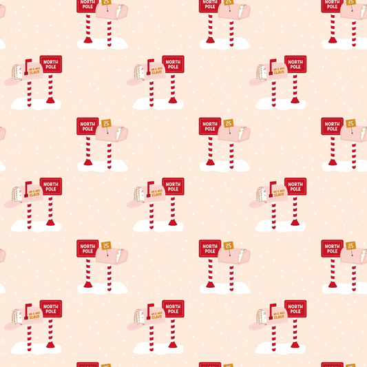 Pattern of red North Pole signs with candy canes and mailboxes on a pale pink snowy background.