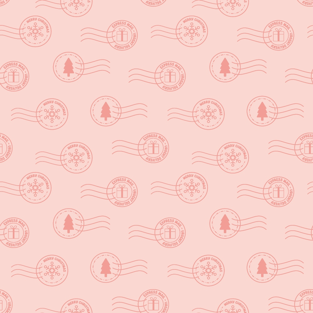 Pattern of circular holiday-themed postmarks on a pink background, featuring icons of a gift, snowflakes, and a tree, along with the phrase Happy Winter Wishes.