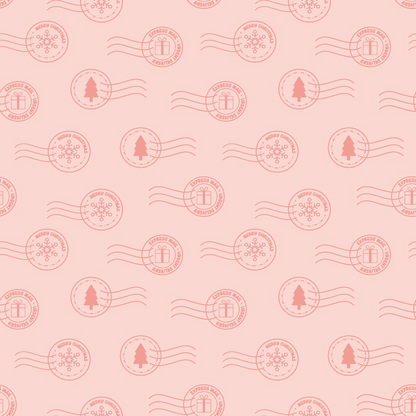 Pattern of circular holiday-themed postmarks on a pink background, featuring icons of a gift, snowflakes, and a tree, along with the phrase Happy Winter Wishes.