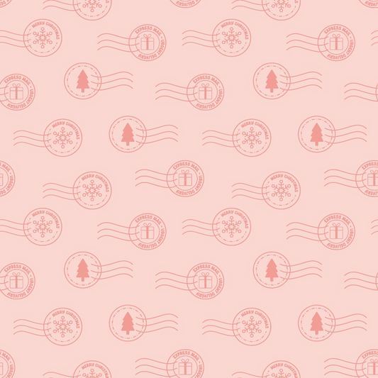 Pattern of circular holiday-themed postmarks on a pink background, featuring icons of a gift, snowflakes, and a tree, along with the phrase Happy Winter Wishes.