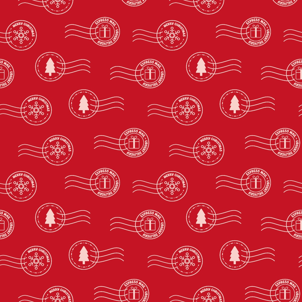 Red background with a pattern of postal stamps featuring white holiday-themed designs, including snowflakes, gift boxes, and Christmas trees.