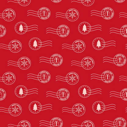 Red background with a pattern of postal stamps featuring white holiday-themed designs, including snowflakes, gift boxes, and Christmas trees.