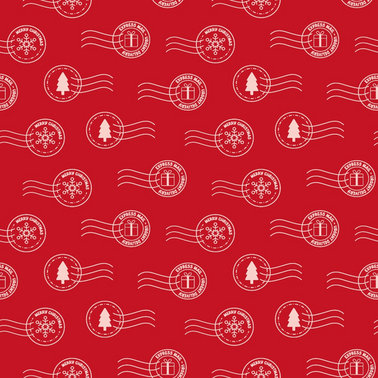 Red background with a pattern of postal stamps featuring white holiday-themed designs, including snowflakes, gift boxes, and Christmas trees.