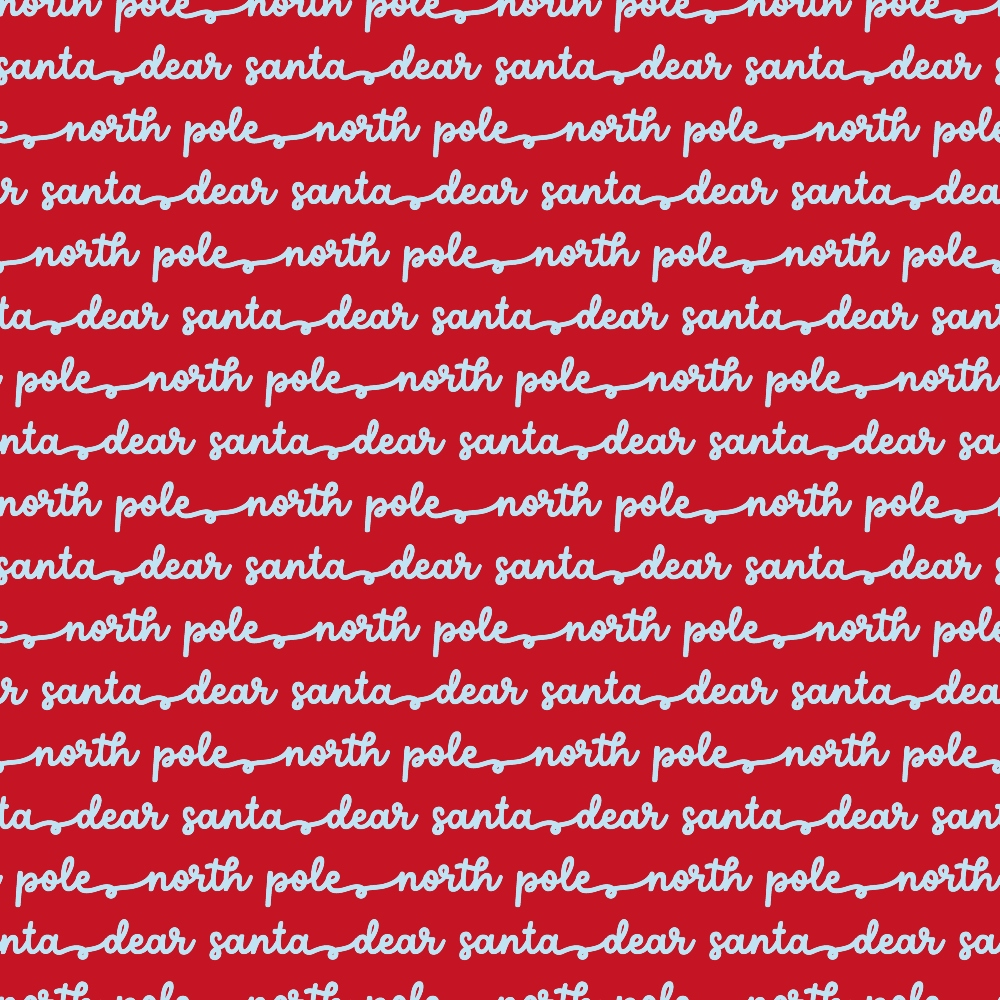 Seamless pattern with red background and white script text repeating north pole and dear santa.