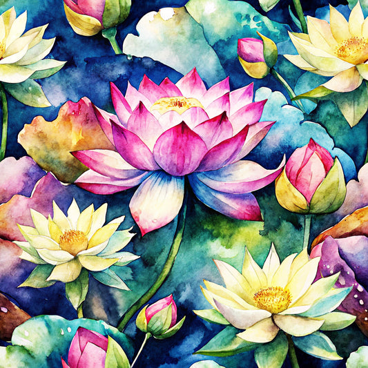 Lotus Flower Watercolor Pattern 8 Quilting Cotton Fabric