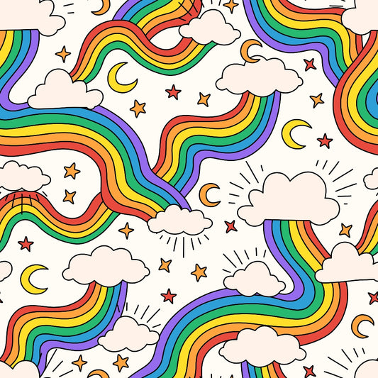 Seamless pattern of rainbows, clouds, stars, and crescent moons on a white background.