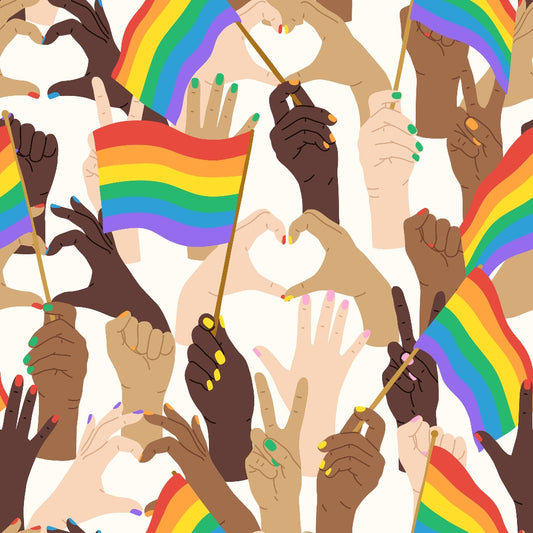 Illustrated hands of various skin tones holding rainbow flags and forming heart shapes, symbolizing diversity and support for LGBTQ+ pride.