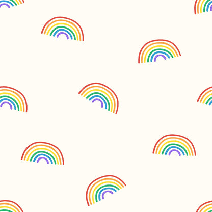 Pattern of rainbows on a light background, each consisting of six colorful arcs.