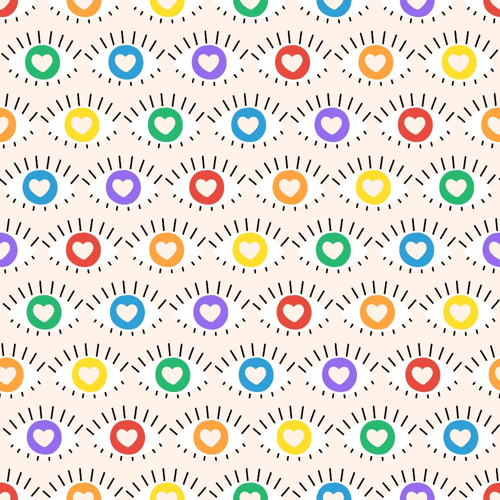 Pattern of colorful hearts with radiating lines on a light background. Hearts in blue, green, yellow, orange, and purple. Repeated in a grid layout.