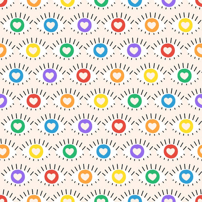 Pattern of colorful hearts with radiating lines on a light background. Hearts in blue, green, yellow, orange, and purple. Repeated in a grid layout.