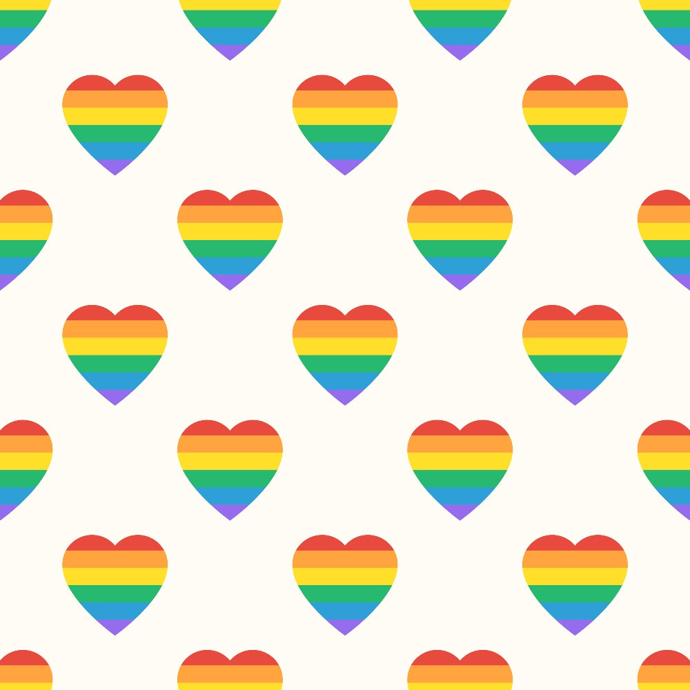 Pattern of heart shapes with rainbow stripes on a light background.