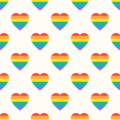 Pattern of heart shapes with rainbow stripes on a light background.