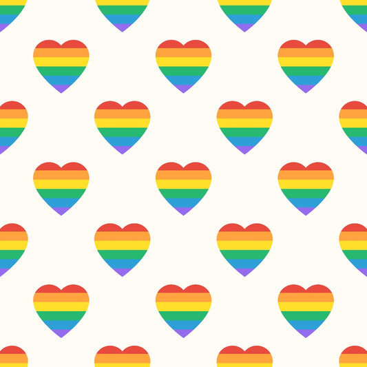 Pattern of heart shapes with rainbow stripes on a light background.