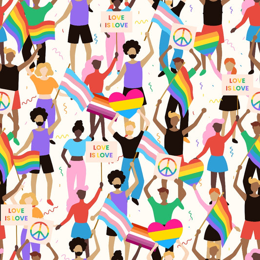 Illustration of diverse people celebrating pride with rainbow flags, peace symbols, and Love Is Love signs on a light background.