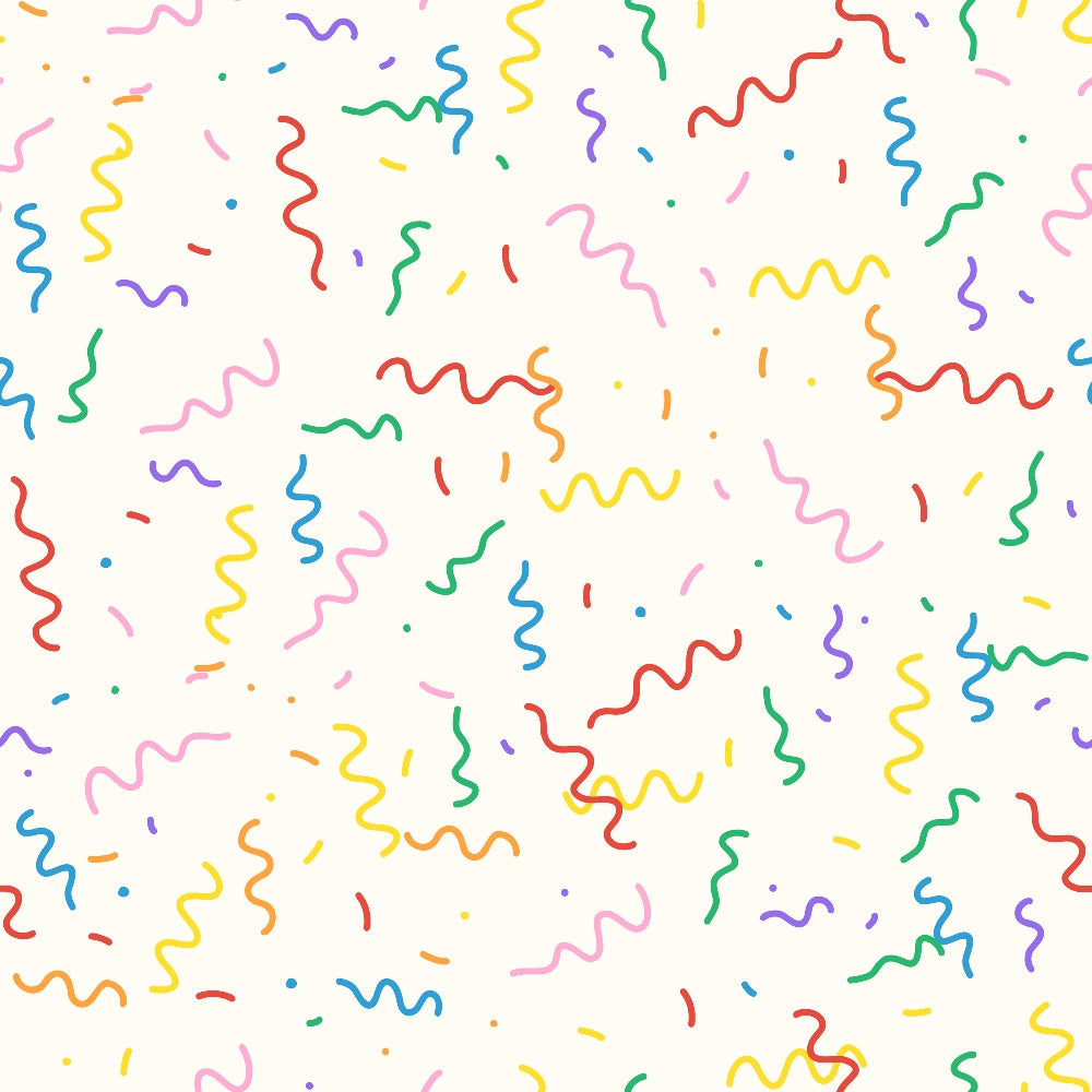 Colorful squiggly lines and confetti in red, yellow, blue, green, and pink on a light background. Randomly scattered shapes create a playful, festive pattern.