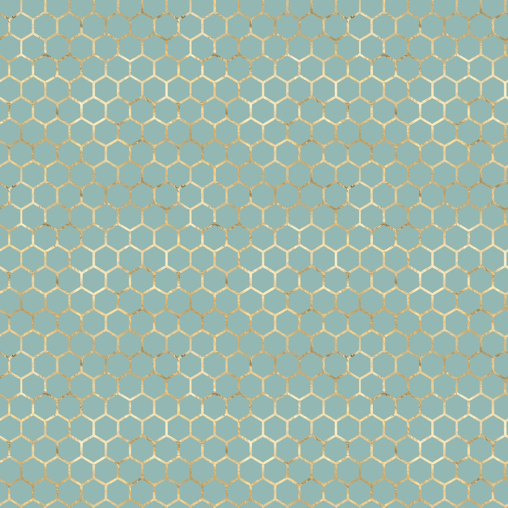 A repeating pattern of hexagons in light cream on a teal background, resembling a honeycomb structure.