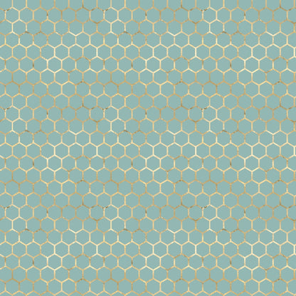 A repeating pattern of hexagons in light cream on a teal background, resembling a honeycomb structure.