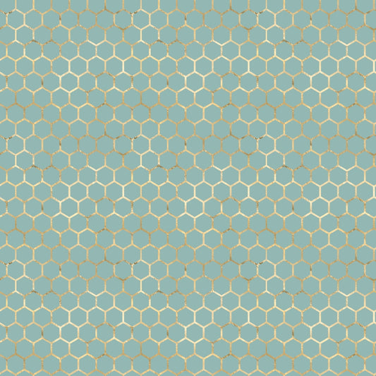 A repeating pattern of hexagons in light cream on a teal background, resembling a honeycomb structure.