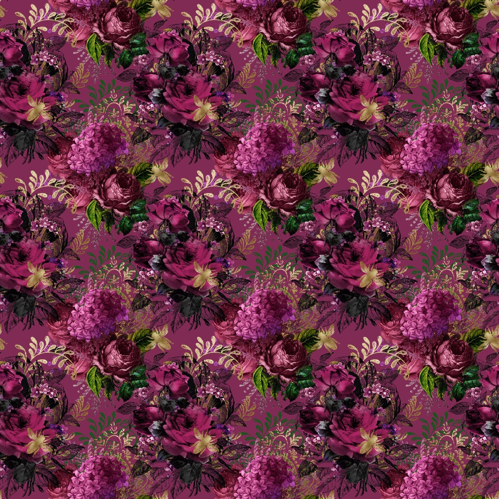 Pattern of dark red and purple floral arrangements with green leaves on a maroon background.