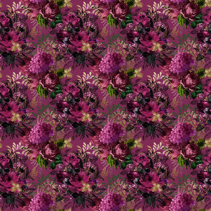 Pattern of dark red and purple floral arrangements with green leaves on a maroon background.