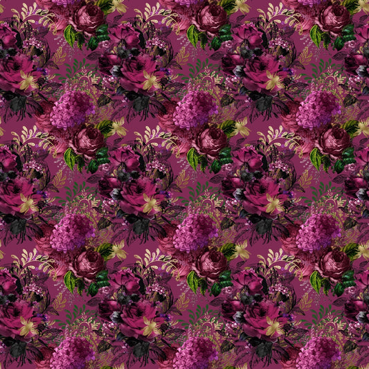 Pattern of dark red and purple floral arrangements with green leaves on a maroon background.