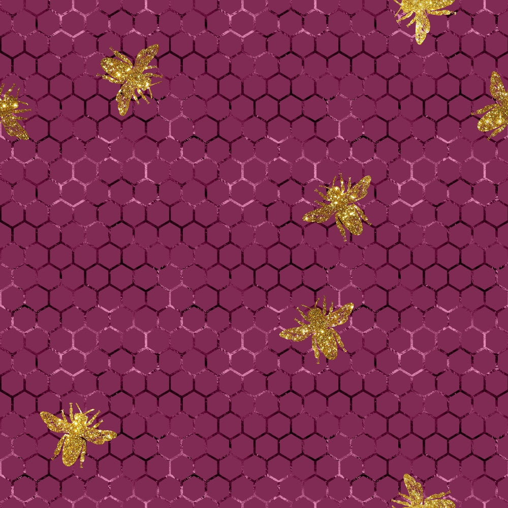 Illustration of gold bees on a purple honeycomb-patterned background.