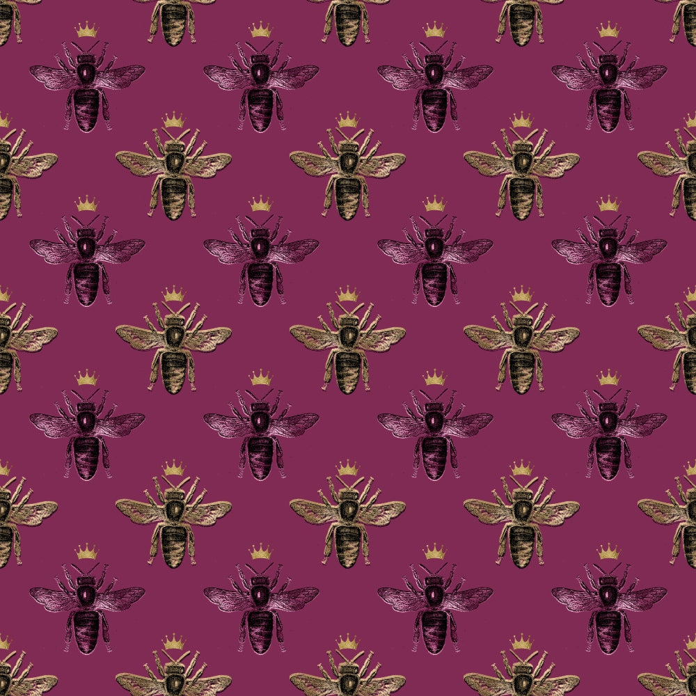 A seamless pattern of illustrated bees with crowns on a maroon background.