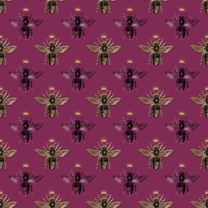 A seamless pattern of illustrated bees with crowns on a maroon background.