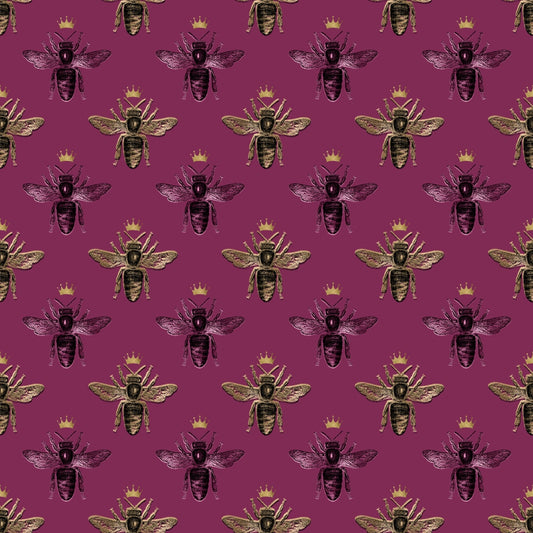 A seamless pattern of illustrated bees with crowns on a maroon background.