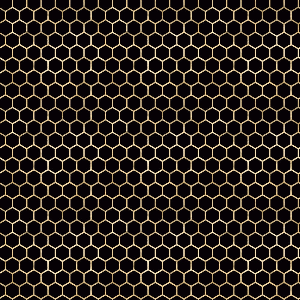 A gold honeycomb pattern on a black background, featuring hexagonal shapes arranged in a grid.