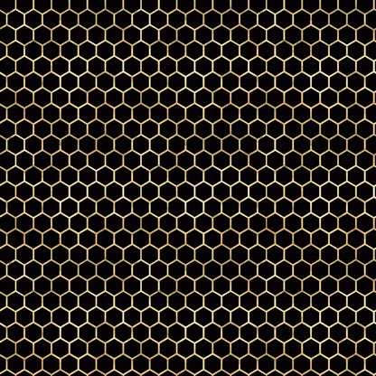 A gold honeycomb pattern on a black background, featuring hexagonal shapes arranged in a grid.